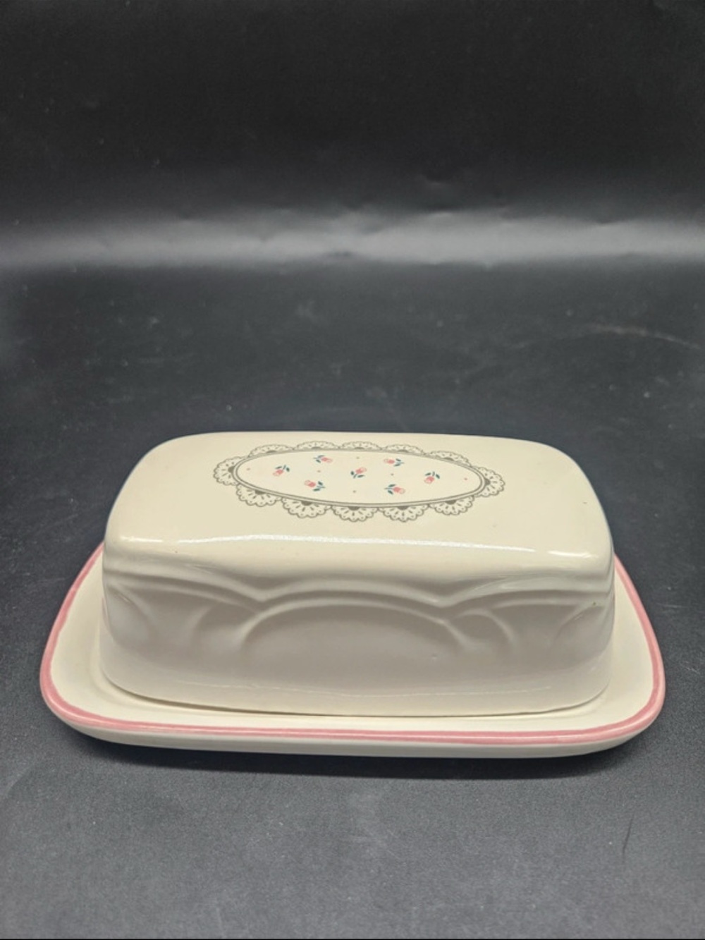 VTG Cream Ceramic Butter Dish with Pink Trim lace